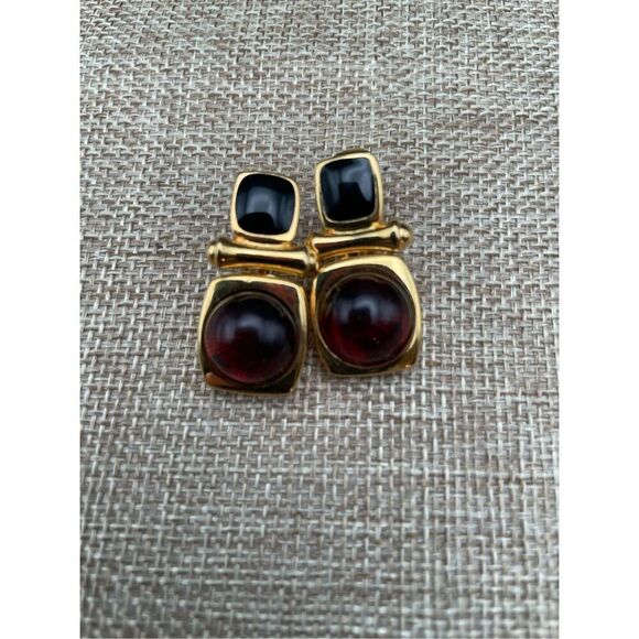 Joan Rivers Vintage Cabochon Stud Earrings Faux Amber Gold Black Enamel Signed - Picture 1 of 5